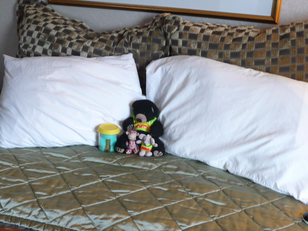 Beer, Muis, Giraffe en Ukkie augustus 2015 Vancouver (British Columbia, Canada)
Op ons eigen bed in het hotel
