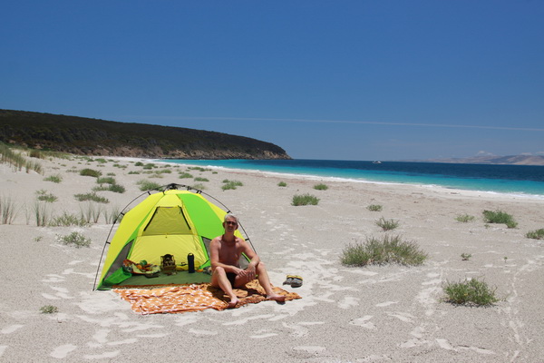 Fred december 2015 - Lashmar CP (Kangaroo Island, Zuid Australie, Australie)
Met ons tentje op het strand