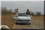 Een stel domme toeristen uiteindelijk achter ons...
Hij stond naast de deur en zijn stond op een gegeven moment op het deurkoziijn...
We hebben gewaarschuwd voor de cheeta...
(Kruger Park 2007-09)